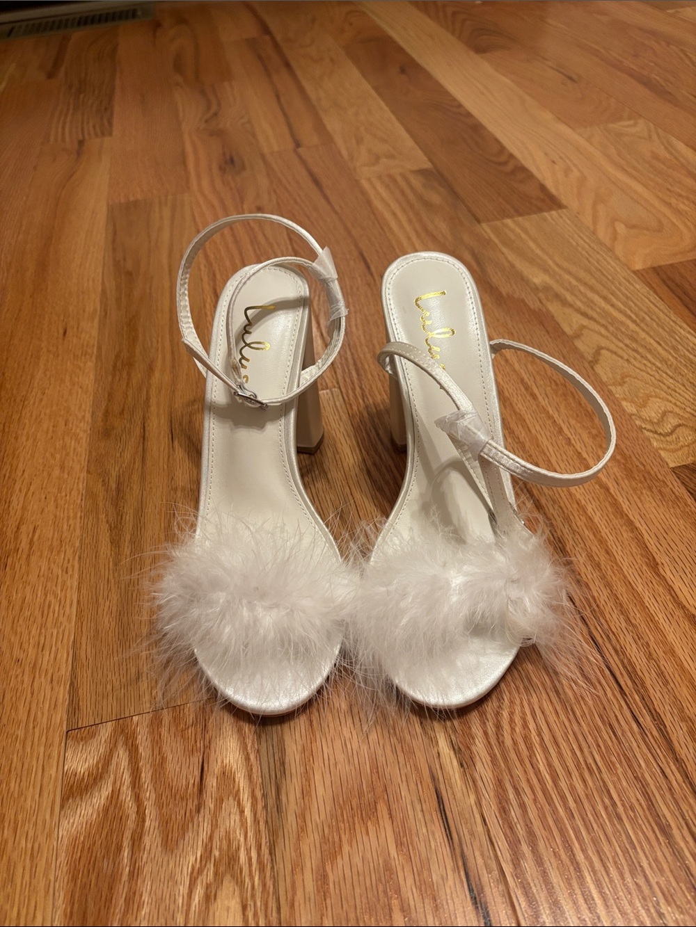 Lulu's White Satin Marabou Strap Block Heels